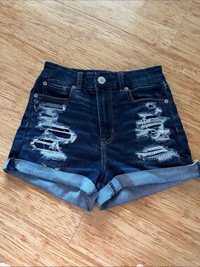 American Eagle Outfitters Dark Blue Distressed Rolled Hem Jean Shorts
